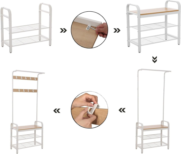 VASAGLE Cuier pentru haine cu banca de depozitare a pantofilor, cu 9 carlige detasabile, o sina pentru haine, 34x72x183 cm, modern, stejar si crem [4]