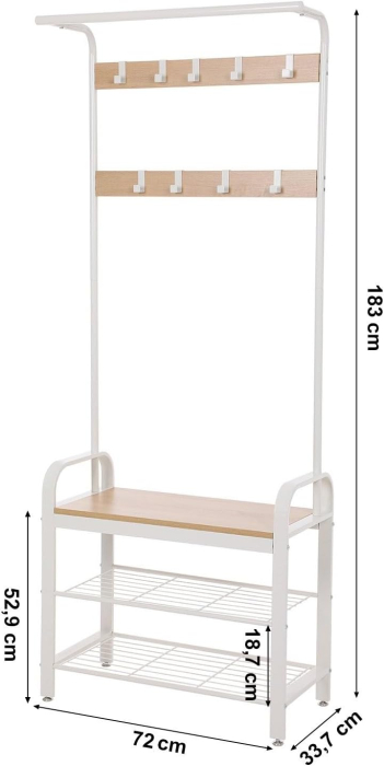 VASAGLE Cuier pentru haine cu banca de depozitare a pantofilor, cu 9 carlige detasabile, o sina pentru haine, 34x72x183 cm, modern, stejar si crem [2]