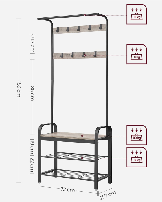 VASAGLE Cuier pentru haine cu banca de depozitare pantofi, cu 9 carlige si sina pentru haine, 34x72x183 cm, gri si negru [7]