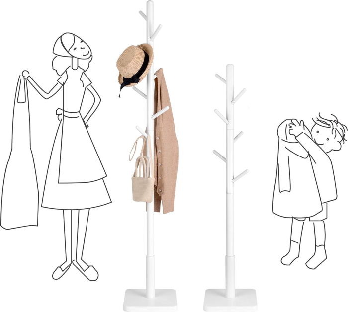 VASAGLE Cuier pentru haine, din lemn masiv, tip pom, cu 8 carlige, baza patrata, 175cm, alb [6]