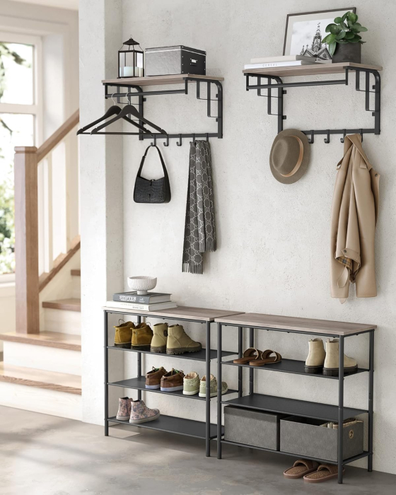 VASAGLE Cuier perete cu polita, bara si 5 carlige, 66x27x30 cm, gri [7]