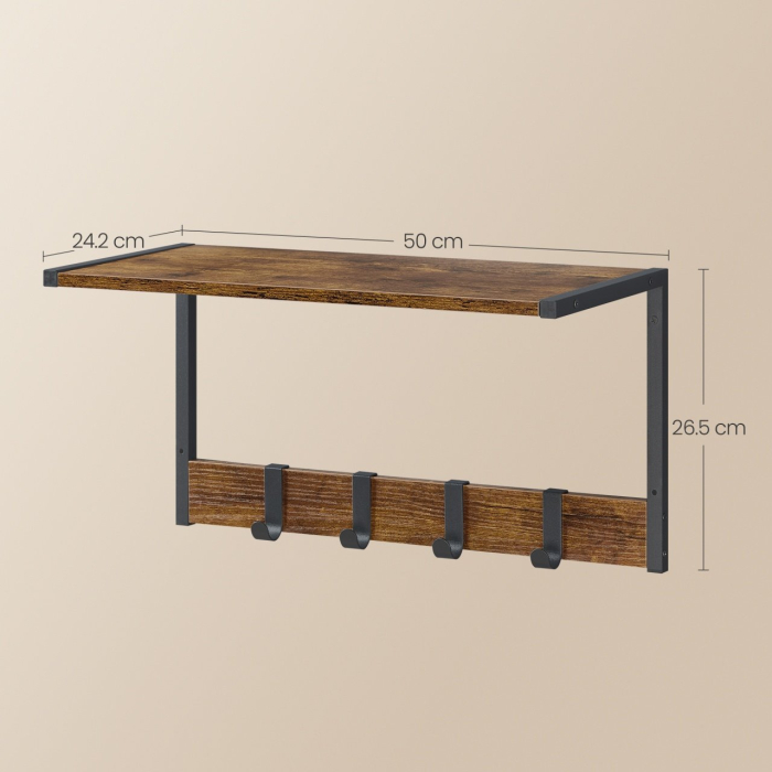 VASAGLE Cuier perete set 2 bucati, PAL si cadru metalic, 50x24x27 cm, maro rustic [2]