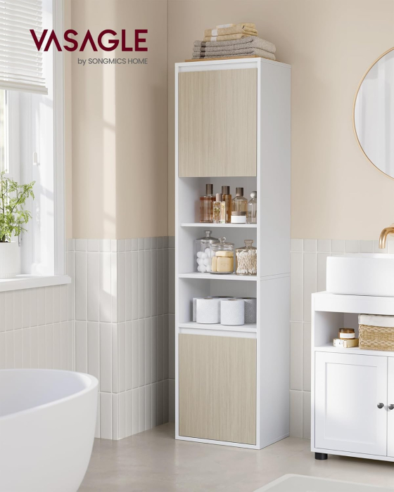 VASAGLE Dulap baie cu montare pe podea sau perete, 7 compartimente, 30x40x160 cm, alb bej [4]