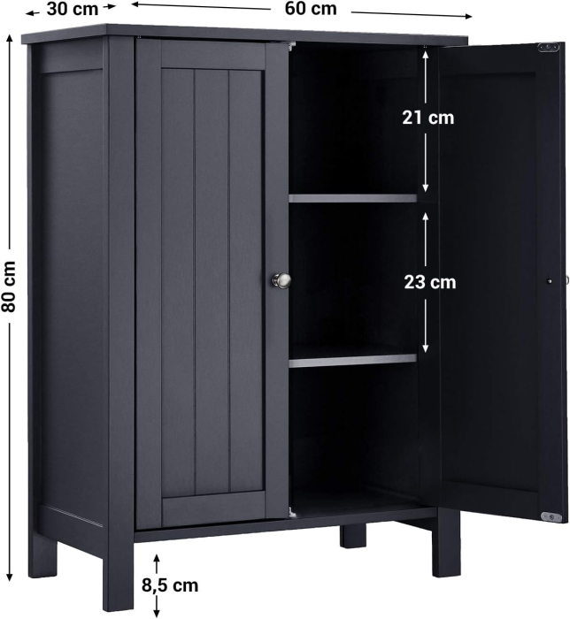 VASAGLE Dulap baie pe picioare cu 2 rafturi reglabile, din MDF, 30x60x80 cm, gri [3]