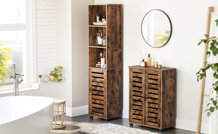 VASAGLE Dulap de baie, cu 3 compartimente deschise si spatiu de depozitare cu usa, 40x30x167cm, maro vintage [2]