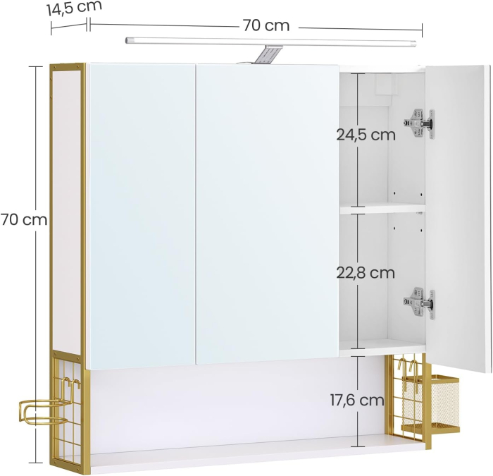 VASAGLE Dulap de baie de perete, 3 usi cu oglinda, compartiment deschis, 15x70x70 cm, alb auriu [4]