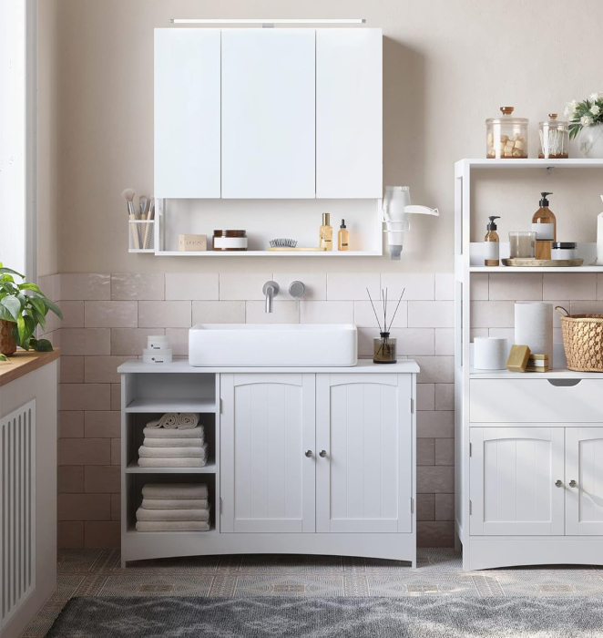 VASAGLE Dulap de baie de perete, 3 usi cu oglinda, compartiment deschis, 15x70x70cm, alb [7]