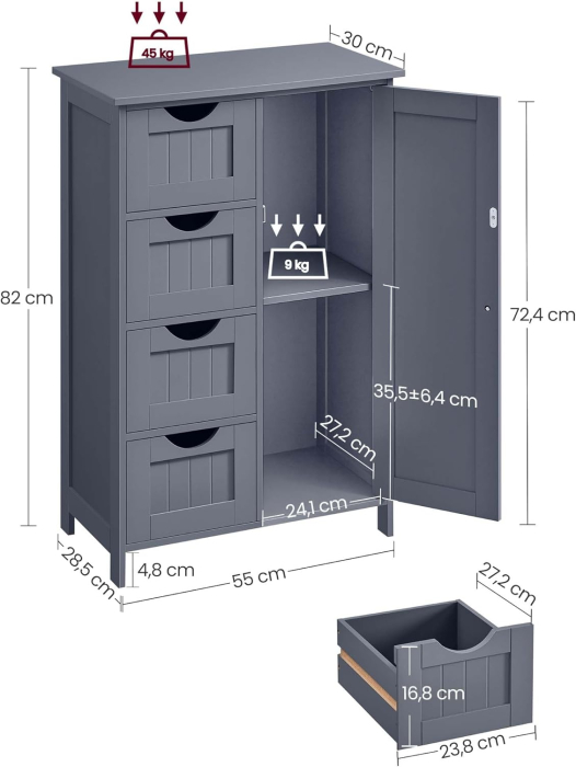VASAGLE Dulap de baie, din MDF, cu 4 sertare, raft reglabil, 30x55x82 cm, gri [3]