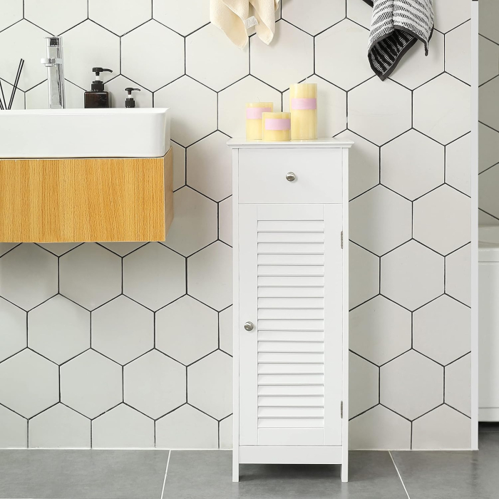 VASAGLE Dulap de depozitare de podea pentru baie, din lemn cu sertar, usa cu lamele, 32x30x87cm, alb [6]