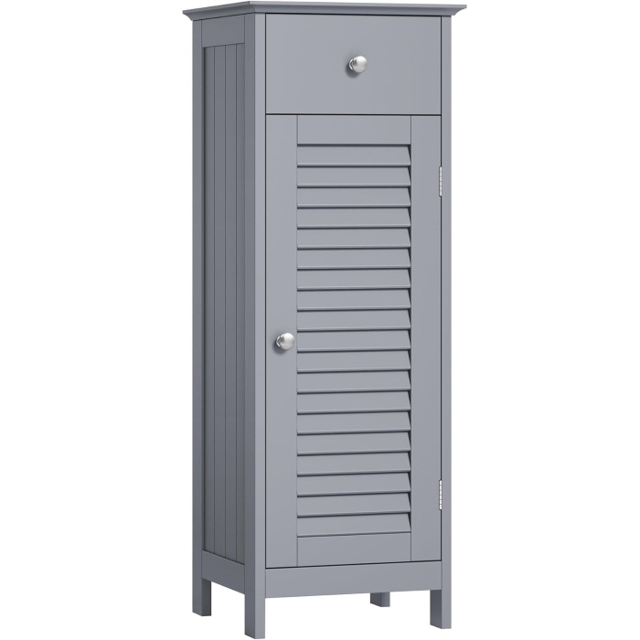 VASAGLE Dulap de depozitare de podea pentru baie, din lemn cu sertar, usa cu lamele, 32x30x87cm, gri [1]