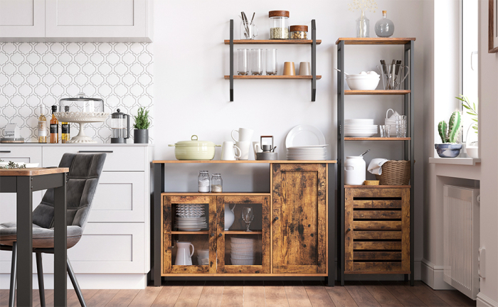 VASAGLE Dulap de depozitare tip bufet, cu 3 usi, stil industrial, 110x33x75cm, maro rustic si negru [2]