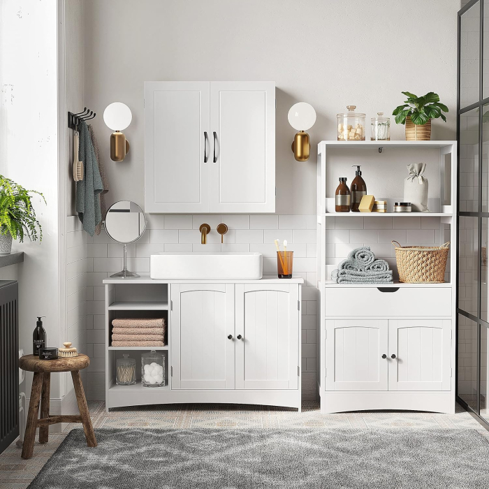 VASAGLE Dulap lavoar baie, cu 2 usi si un compartiment deschis cu rafturi reglabile, 90x30x60cm, alb [3]