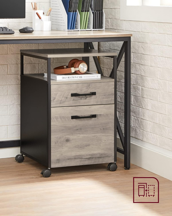 VASAGLE Dulap mobil 42x44x69 cm, cu 2 sertare si roti cu frana, compartiment deschis si suport dosare, PAL si otel, gri si negru [3]