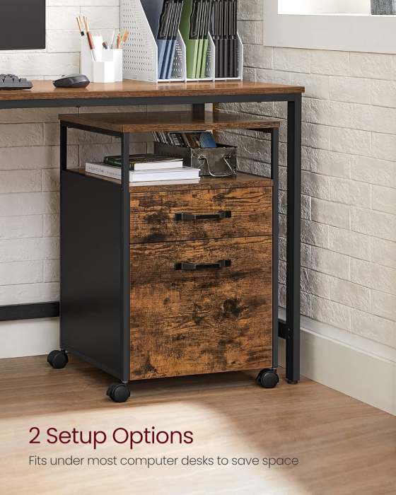 VASAGLE Dulap mobil tip rollbox pentru birouri, cu 2 sertare, stil industrial, 44x42x67cm, maro rustic [9]