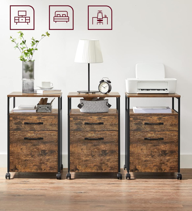 VASAGLE Dulap mobil tip rollbox pentru birouri, cu 2 sertare, stil industrial, 44x42x67cm, maro rustic [8]