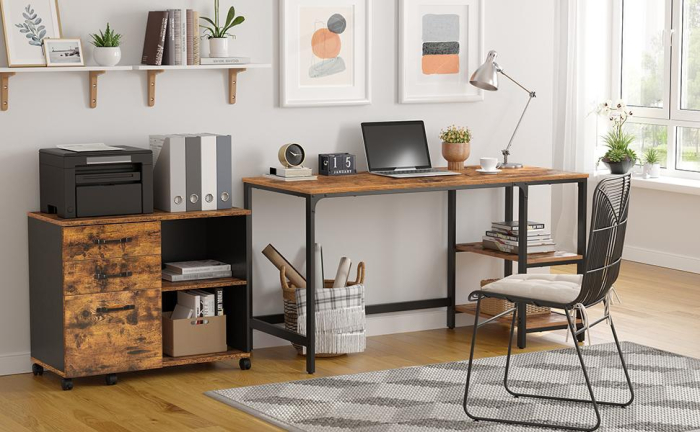 VASAGLE Dulap mobil tip rollbox pentru birouri, sertar cu sina suport dosare, stil industrial, 40x80x66 cm, maro rustic [15]