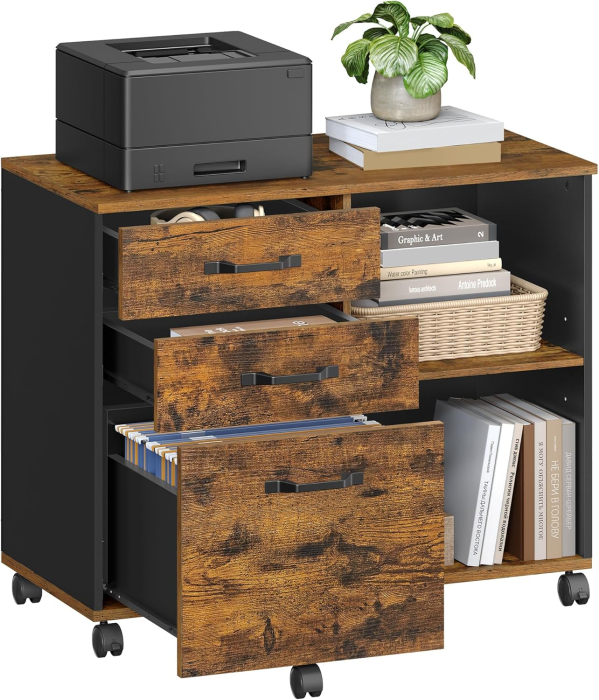 VASAGLE Dulap mobil tip rollbox pentru birouri, sertar cu sina suport dosare, stil industrial, 40x80x66 cm, maro rustic [2]