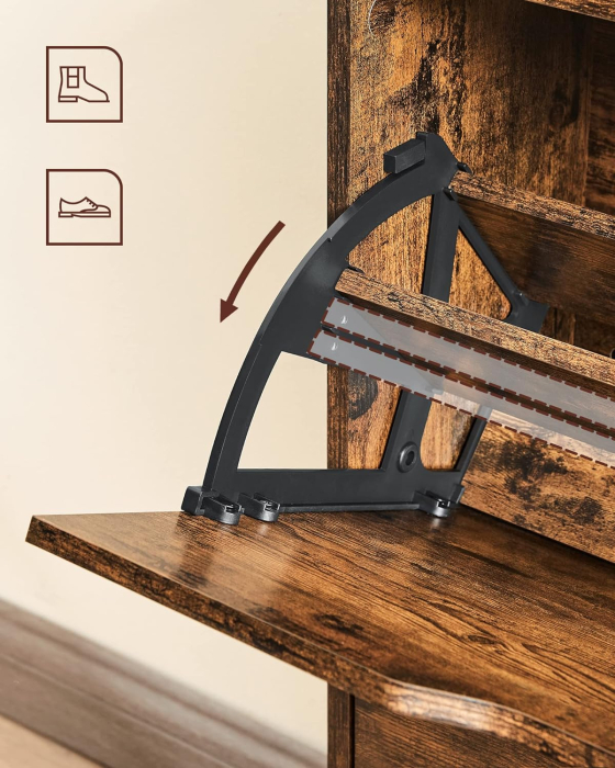 VASAGLE Dulap pantofi cu 2 usi flip, separator reglabil si detasabil, pentru 8-12 perechi, 24x60x102cm, maro rustic [7]