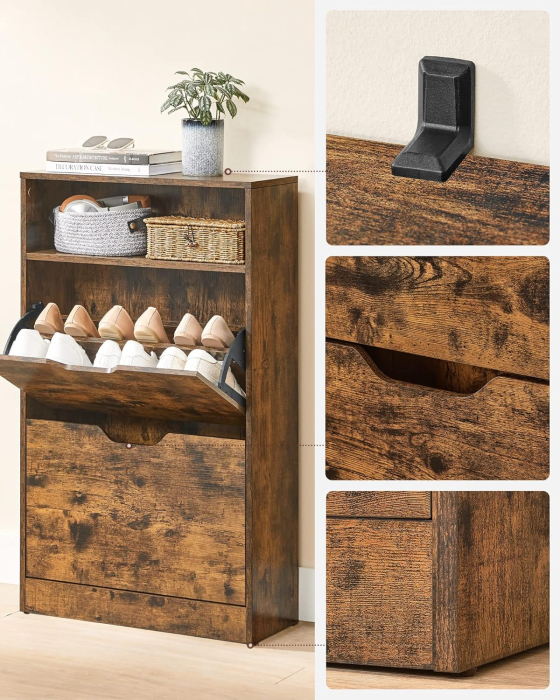 VASAGLE Dulap pantofi cu 2 usi flip, separator reglabil si detasabil, pentru 8-12 perechi, 24x60x102cm, maro rustic [8]