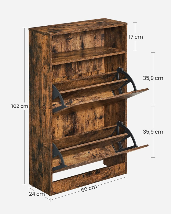 VASAGLE Dulap pantofi cu 2 usi flip, separator reglabil si detasabil, pentru 8-12 perechi, 24x60x102cm, maro rustic [4]
