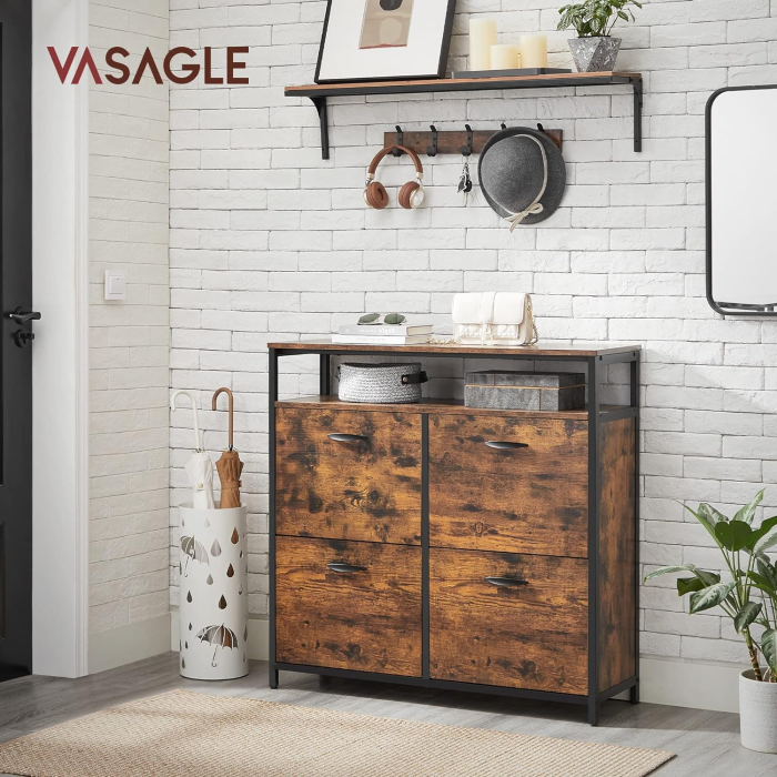 VASAGLE Dulap pantofi din MDF cu ​​4 usi basculante, pentru 12-20 perechi, 98x30x95cm, maro rustic si negru [2]
