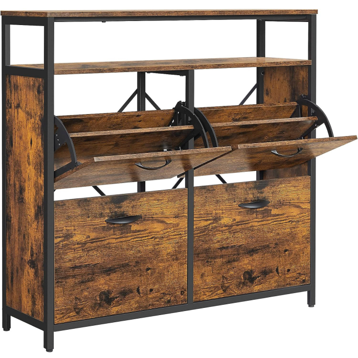 VASAGLE Dulap pantofi din MDF cu ​​4 usi basculante, pentru 12-20 perechi, 98x30x95cm, maro rustic si negru [1]