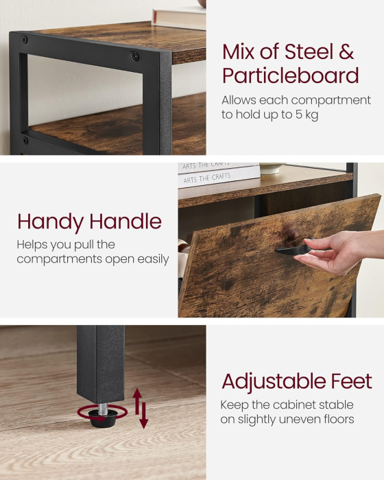 VASAGLE Dulap pentru pantofi cu 3 usi rabatabile, despartitoare interioare, pentru 15-18 perechi, 60x30x130cm, maro rusic si negru [8]