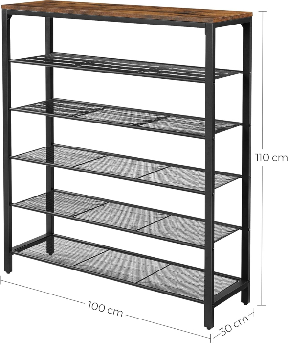 VASAGLE Etajera pantofi cu 5 rafturi si polita superioara, 100x30x110 cm, maro rustic [3]