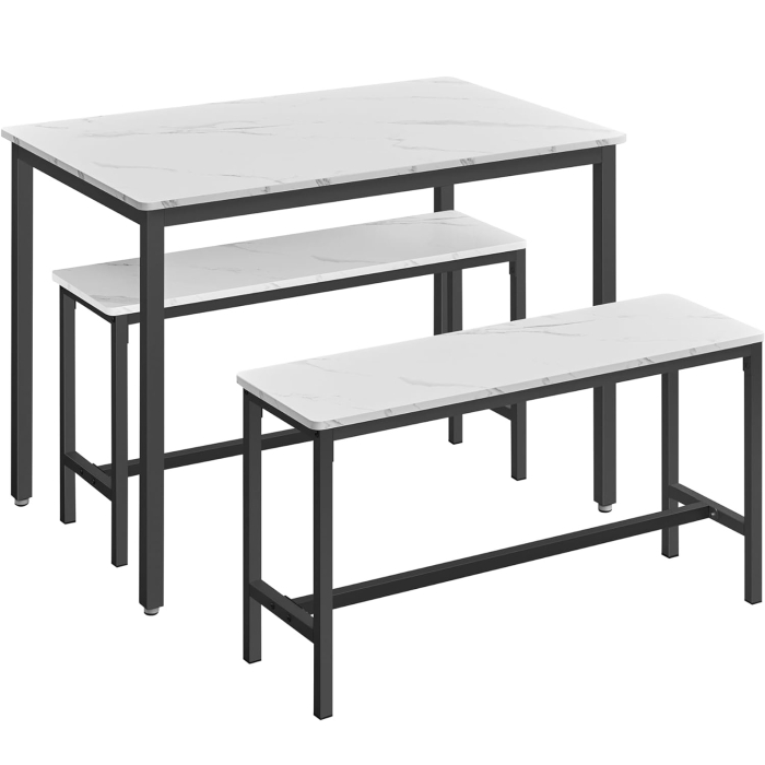 VASAGLE Masa de bar cu 2 banci, design industrial, 110x70x75 cm, alb marmura [1]