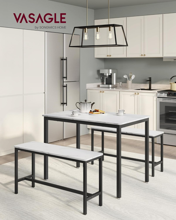 VASAGLE Masa de bar cu 2 banci, design industrial, 110x70x75 cm, alb marmura [2]