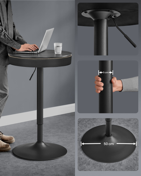 VASAGLE Masa de bar neagra, 59x59x(83-105) cm – inaltime reglabila, compartiment de depozitare [5]