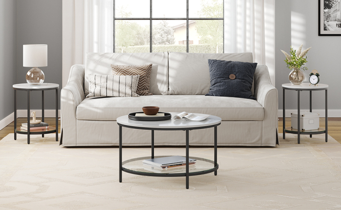 VASAGLE Masa de cafea rotunda cu blat din imitatie de marmura, polita suplimentara din sticla, 80x45cm, alb si negru [8]