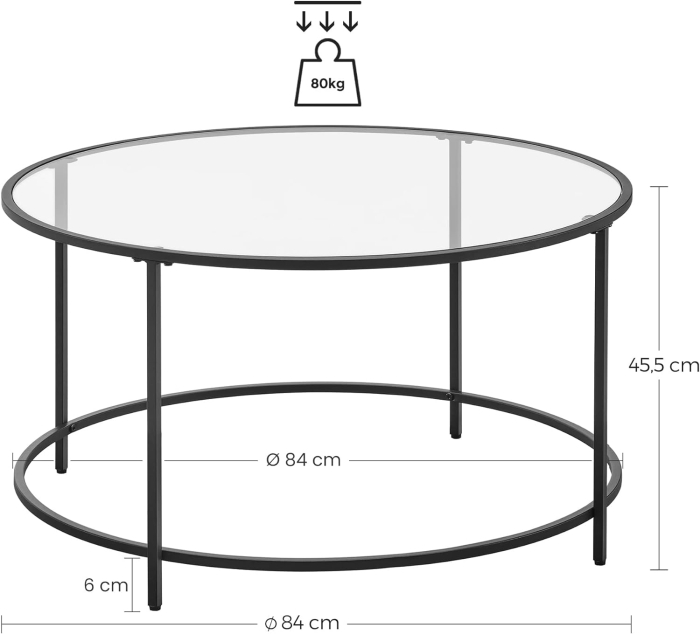 VASAGLE Masa de cafea rotunda, din sticla securizata cu cadru metalic, 84x84x45cm, negru [3]