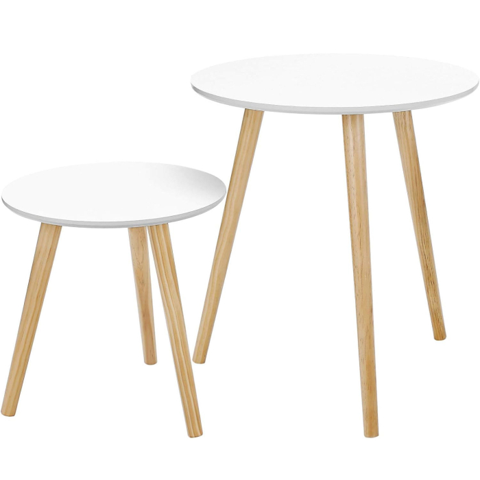 VASAGLE Masa de cafea, set de 2 bucati, picioare din lemn si blat MDF, design minimalist scandinav, 45x50cm si 35x35cm, alb [1]