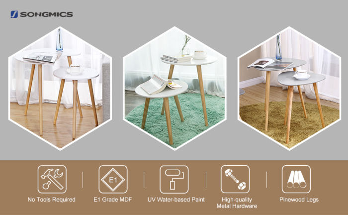 VASAGLE Masa de cafea, set de 2 bucati, picioare din lemn si blat MDF, design minimalist scandinav, 45x50cm si 35x35cm, alb [14]