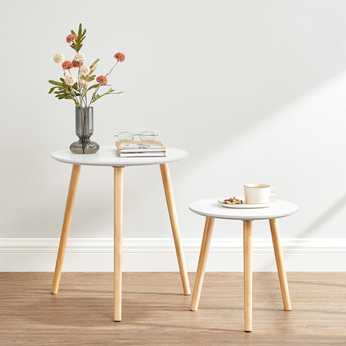 VASAGLE Masa de cafea, set de 2 bucati, picioare din lemn si blat MDF, design minimalist scandinav, 45x50cm si 35x35cm, alb [13]