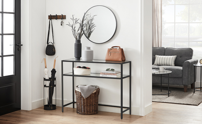 VASAGLE Masa de intrare, pe 2 nivele, blat din sticla securizata, cadru metalic, 35x100x80cm, negru [2]