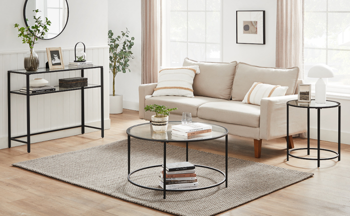 VASAGLE Masa de intrare, pe 2 nivele, blat din sticla securizata, cadru metalic, 35x100x80cm, negru [3]