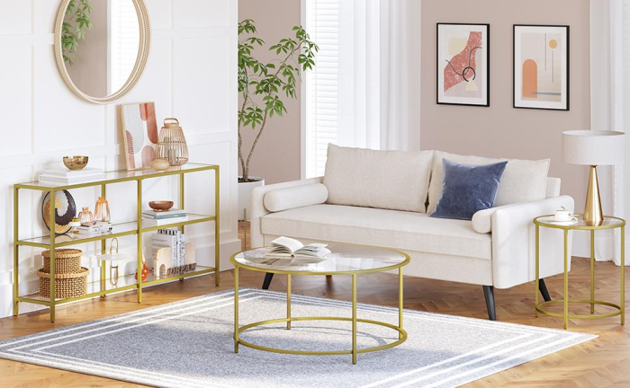 VASAGLE Masa de intrare, pe 3 nivele, blat din sticla securizata, cadru metalic, 30x130x73cm, auriu [10]