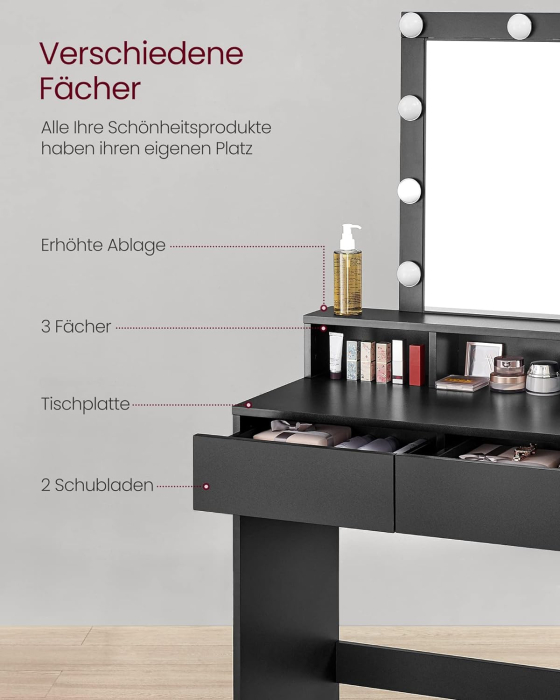 VASAGLE Masa de toaleta cu iluminare LED, cu oglinda, luminozitate reglabila, cu 2 sertare, 80x40x145cm, negru [4]