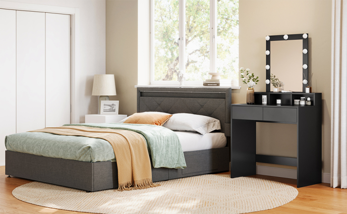 VASAGLE Masa de toaleta cu iluminare LED, cu oglinda, luminozitate reglabila, cu 2 sertare, 80x40x145cm, negru [10]