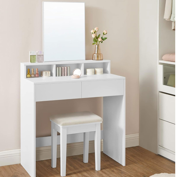 VASAGLE Masa de toaleta cu oglinda, cu 2 sertare si 3 compartimente deschise, 40x80x140cm, stil modern, alb [1]