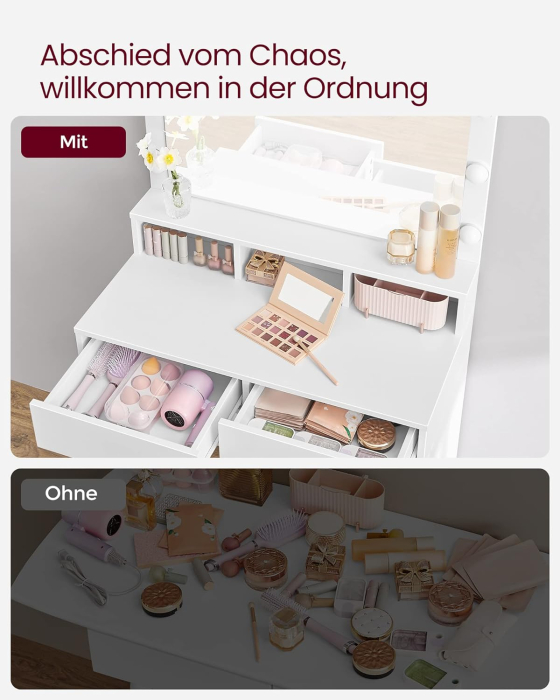 VASAGLE Masa de toaleta cu oglinda, iluminare LED, 2 sertare si 3 compartimente deschise, 80x40x140cm, modern, alb [5]