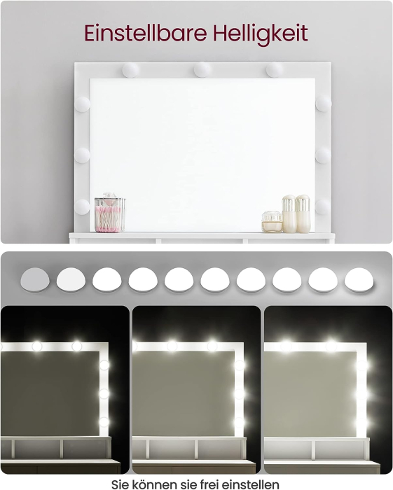 VASAGLE Masa de toaleta cu oglinda, iluminare LED, 2 sertare si 3 compartimente deschise, 80x40x140cm, modern, alb [3]