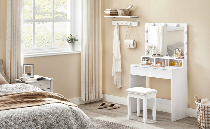 VASAGLE Masa de toaleta cu oglinda, iluminare LED, 2 sertare si 3 compartimente deschise, 80x40x140cm, modern, alb [10]