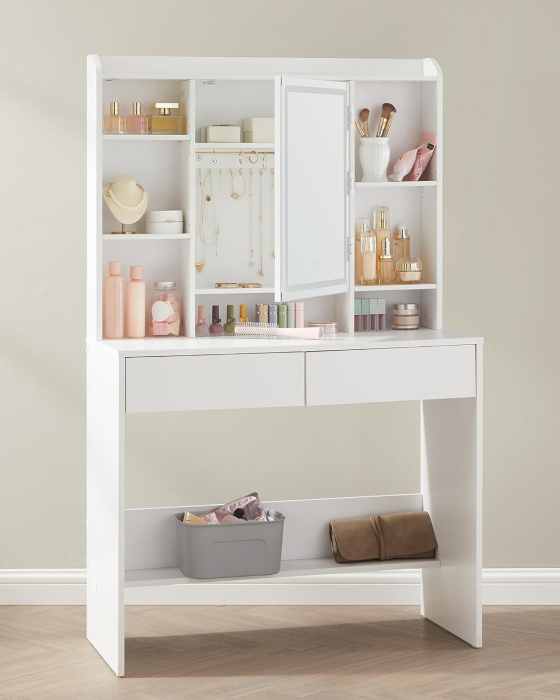 VASAGLE Masa de toaleta cu oglinda, iluminare LED reglabila, 2 sertare, 90x40x145cm, alb [4]