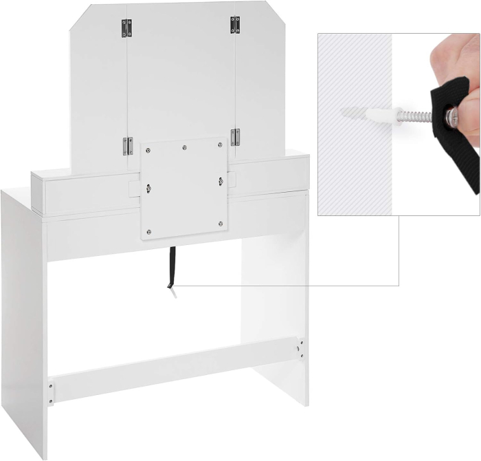 VASAGLE Masa de toaleta cu oglinda rabatabila si 2 sertare, 3 compartimente deschise, 100x40x142cm, alb [11]