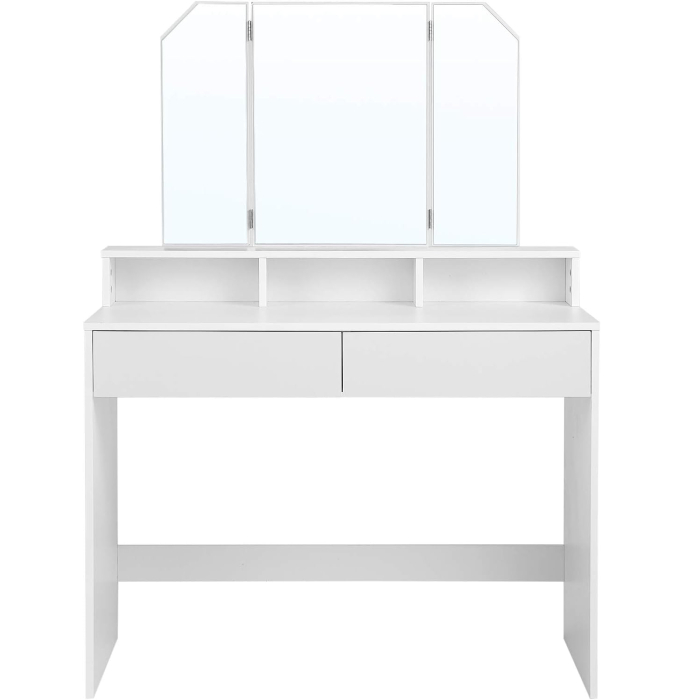 VASAGLE Masa de toaleta cu oglinda rabatabila si 2 sertare, 3 compartimente deschise, 100x40x142cm, alb [8]