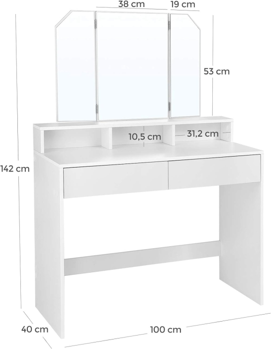 VASAGLE Masa de toaleta cu oglinda rabatabila si 2 sertare, 3 compartimente deschise, 100x40x142cm, alb [6]