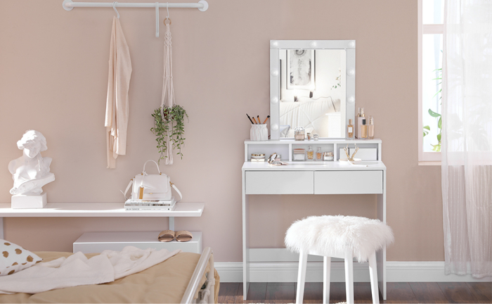 VASAGLE Masa de toaleta cu oglinda si becuri, cu 2 sertare si 3 compartimente deschise, 40x80x145cm, modern, alb [8]